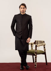 Black Kurta Trouser with Embroidered Prince Coat - 3PC