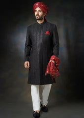 Jet black Talisman - All embroidered Sherwani - House Of Arsalan Iqbal
