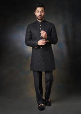 Jet Black - Persian artwork all thread and sequins Sherwani - House Of Arsalan Iqbal