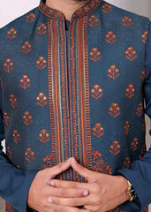 (3 Piece) - Teal Suit with Jamawar Waistcoat