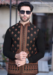 (3 Piece) - Black Suit with Matching Jamawar Waistcoat