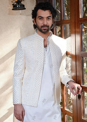HK Fashion Off White Embroidered Front Open Princecoat