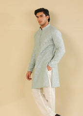Muraqsh Abroo - Ice Blue Raw Silk Embroidered Kurta Trouser - Men