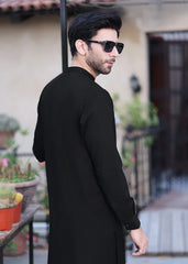 (3 Piece) - Black Suit with Matching Jamawar Waistcoat