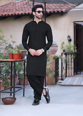 (3 Piece) - Black Suit with Matching Jamawar Waistcoat