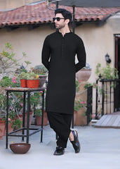(3 Piece) - Black Suit with Matching Jamawar Waistcoat