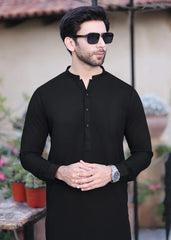 (3 Piece) - Black Suit with Matching Jamawar Waistcoat