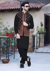 (3 Piece) - Black Suit with Matching Jamawar Waistcoat