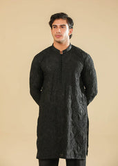 Muraqsh Zauq - Black Raw Silk Embroidered Kurta Trouser - Men