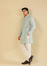 Muraqsh Abroo - Ice Blue Raw Silk Embroidered Kurta Trouser - Men