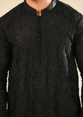 Muraqsh Zauq - Black Raw Silk Embroidered Kurta Trouser - Men