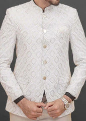 White Jamawar Prince Coat 013 - Azlan Shahzad
