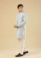 Muraqsh Abroo - Ice Blue Raw Silk Embroidered Kurta Trouser - Men