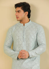 Muraqsh Abroo - Ice Blue Raw Silk Embroidered Kurta Trouser - Men