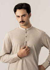 Formal Ash Beige Kurta Shalwar - Collar Neck Embroidered - Men