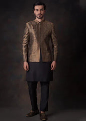 Baroque Black and Gold Prince coat - House Of Arsalan Iqbal