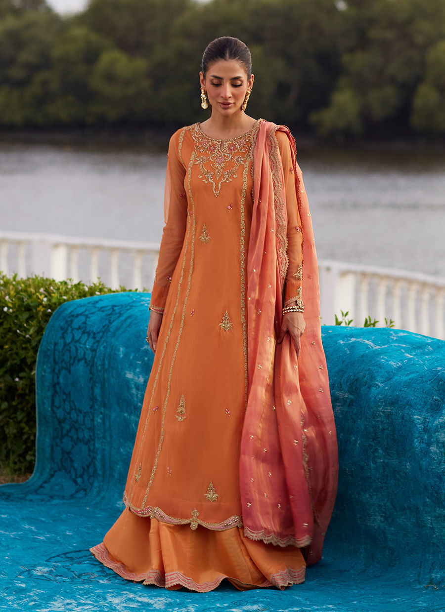 Farah Talib Aziz | Mayna Festive Luxe Pret | Anarkali Apricot Kalidaar And Dupatta