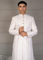 White And Golden Groom Sherwani DD001 - Dress Designers