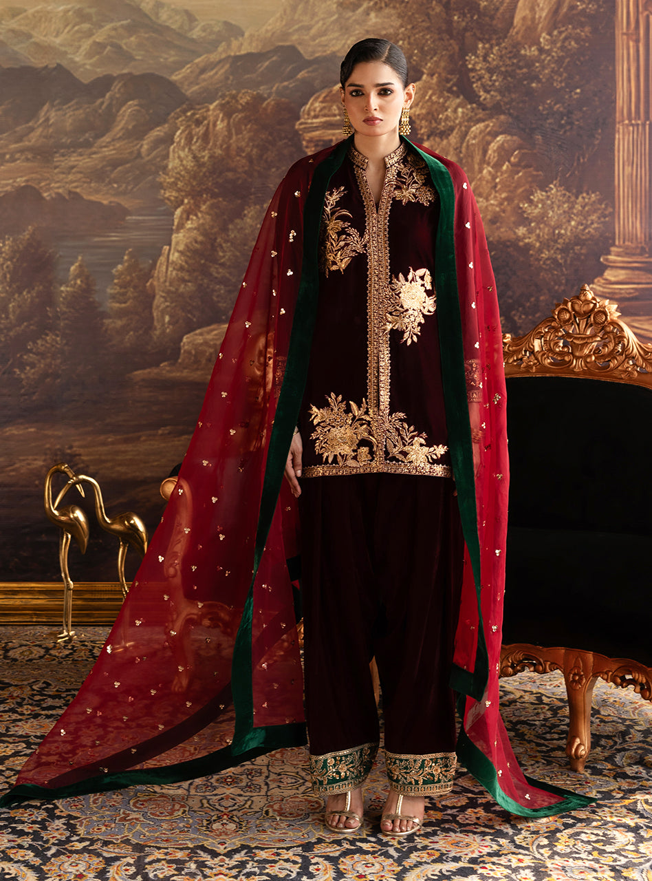 Zainab Chottani | Velura Velvet Edit 25 | Claret Farshi