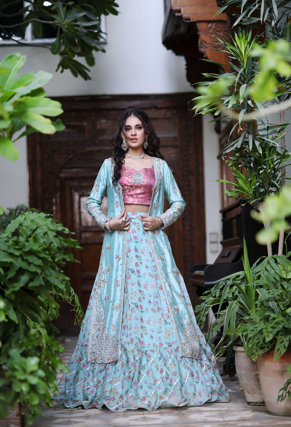 Wahaj M Khan | Nur Festive | Sea Ferozi Sheesha Jacket Nur Set