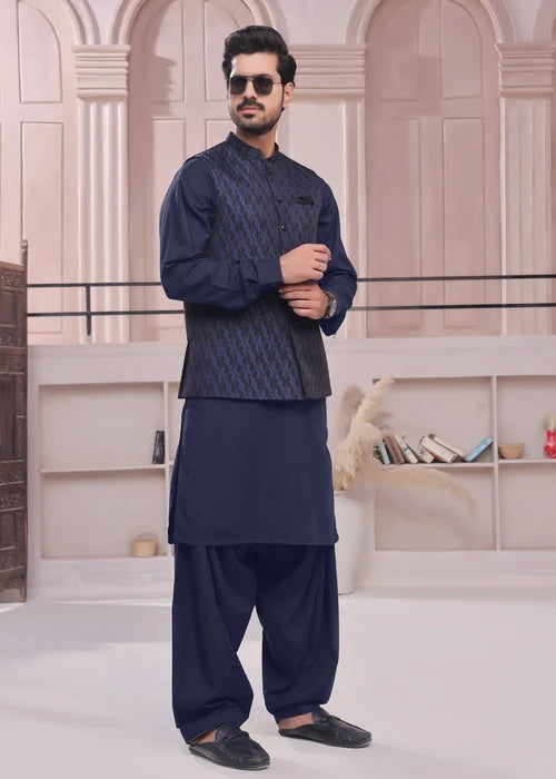 (3 Piece) - Navy blue Suit with Matching Jamawar Waistcoat