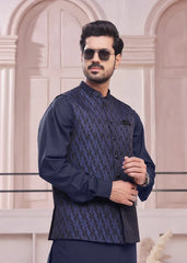 (3 Piece) - Navy blue Suit with Matching Jamawar Waistcoat