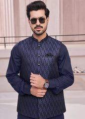 (3 Piece) - Navy blue Suit with Matching Jamawar Waistcoat