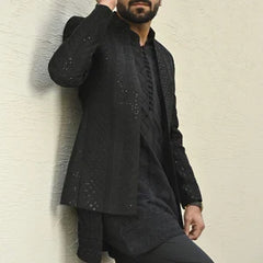 Black Embroidered Front Open Princecoat For Wedding - HK Fashion