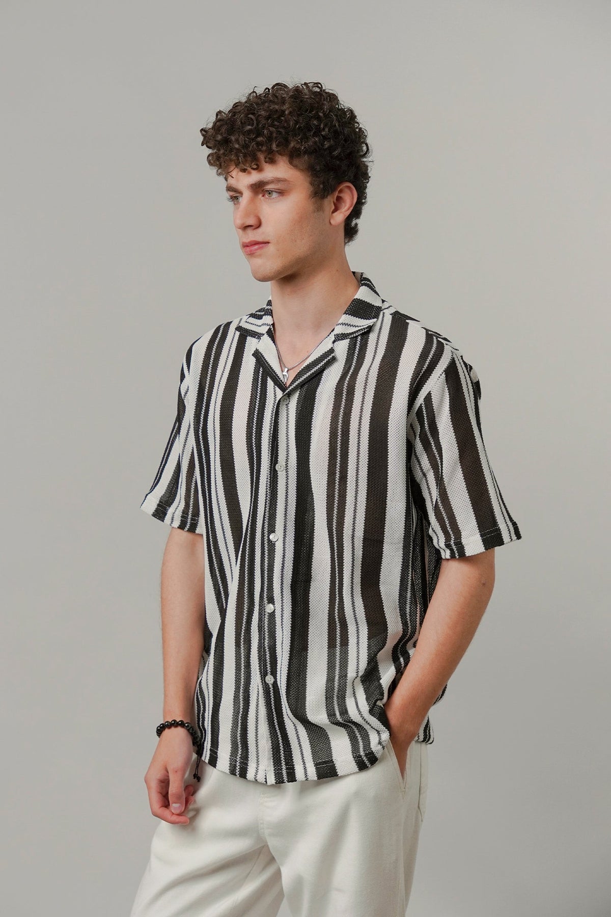 Zebra Striped Cuban Shirt - Black & White | Zayan Clothing UK