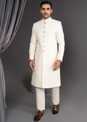 Ivory Self Texture Simple Sherwani - Dress Designers