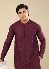 Muraqsh Miras - Maroon Raw Silk Embroidered Kurta Trouser - Men