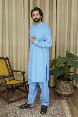 Maqsood Garments MEN'S SKY BLUE WASH'N WEAR KAMEEZ SHALWAR