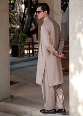 Buraq Men's Premium Ban-Embroidered Kameez Shalwar - Light Brown / Classic Fit.