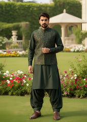 (3 Piece) - Basil Green Suit with Matching Waistcoat