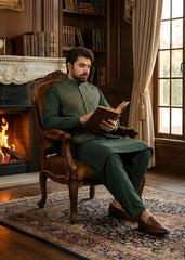 (3 Piece) - Basil Green Suit with Matching Waistcoat