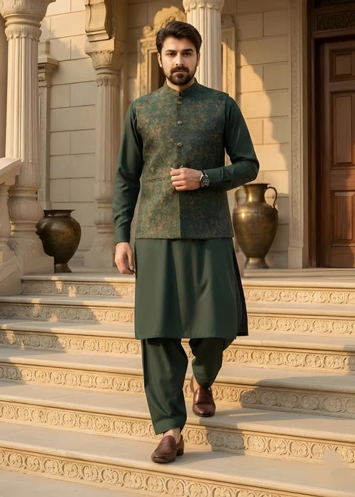 (3 Piece) - Basil Green Suit with Matching Waistcoat