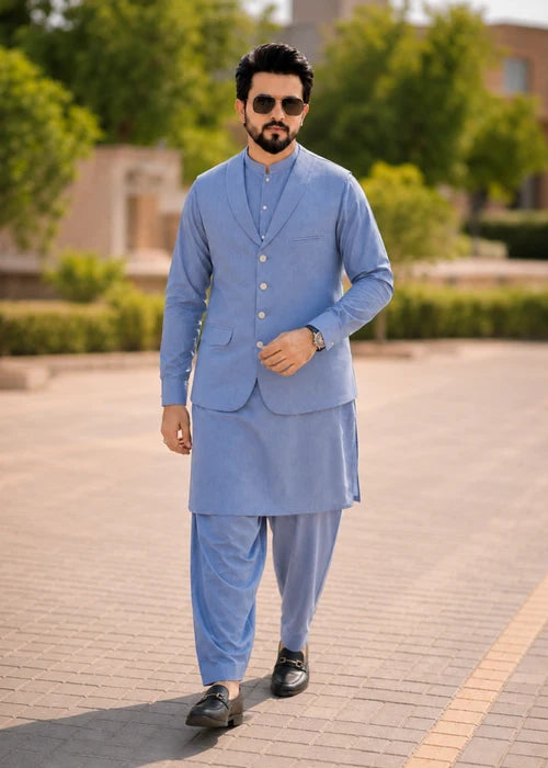 (3 Piece) - Sky Blue Suit with Matching Waistcoat