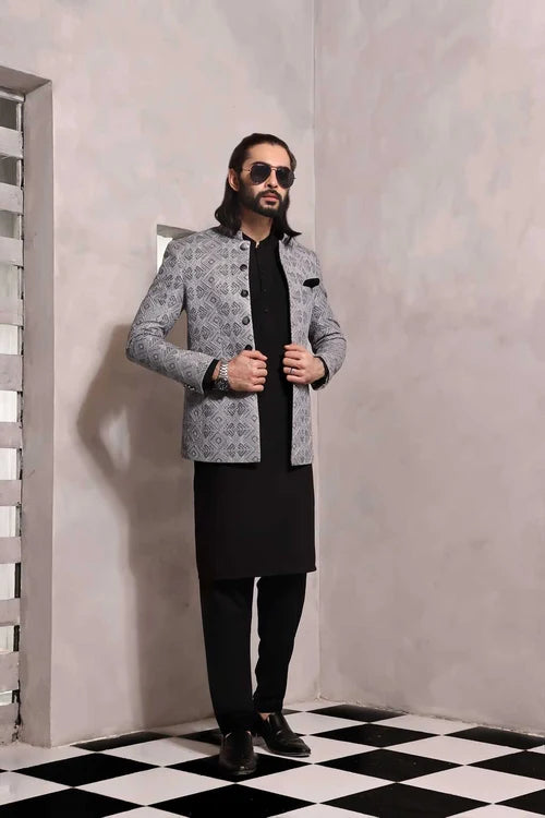 (3 Piece)- Men's Formal Prince Coat with Kurta Pyjama