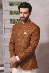 (3 Piece) - Brown Raw Silk Kurta Pyjama with Prince Coat
