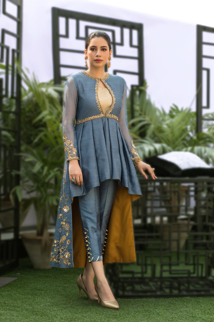 Wahaj M.Khan | Nureh Wedding Formals | Grey Asymmetric Jacket
