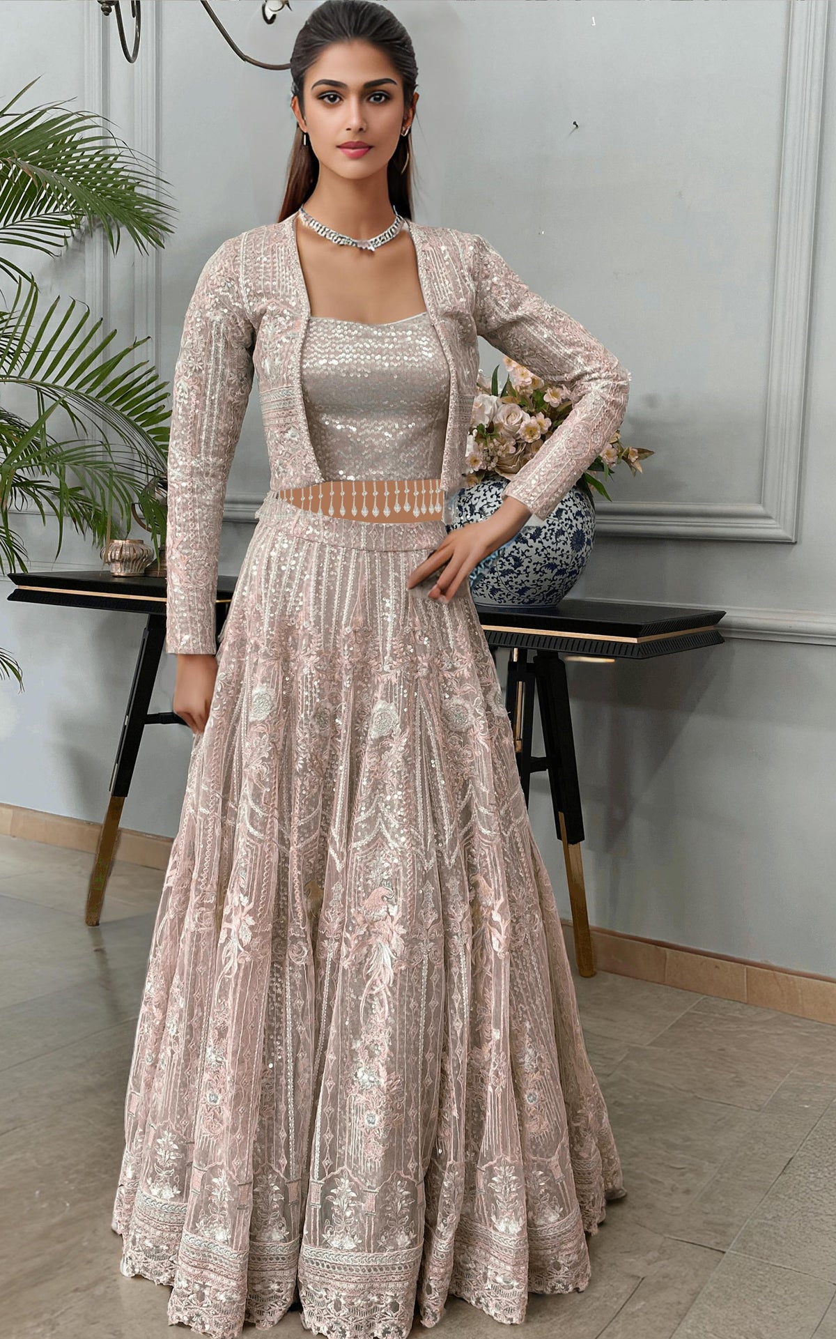 Threads and Motifs | Formal Dresses 25 | Net Embroidered Jacket With Lehenga