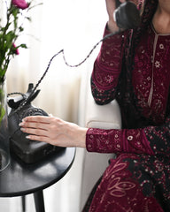 Zaib | BLACK AND MAROON LUXURY EMBROIDERED KARANDI 3PCS | SOON (NEL-26643)