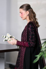 Zaib | BLACK AND MAROON LUXURY EMBROIDERED KARANDI 3PCS | SOON (NEL-26643)