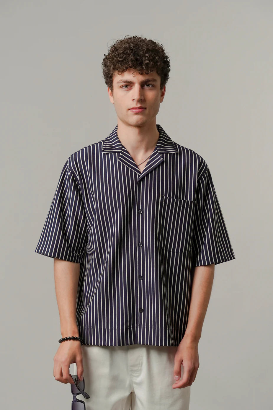 Striped Box Cuban Shirt - Navy Blue | Zayan Clothing UK