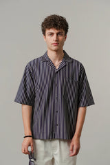 Striped Box Cuban Shirt - Navy Blue | Zayan Clothing UK