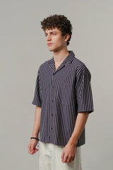 Striped Box Cuban Shirt - Navy Blue | Zayan Clothing UK