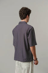 Striped Box Cuban Shirt - Navy Blue | Zayan Clothing UK