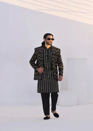Black Geometric Zigzag Prince Coat - J Pardesi