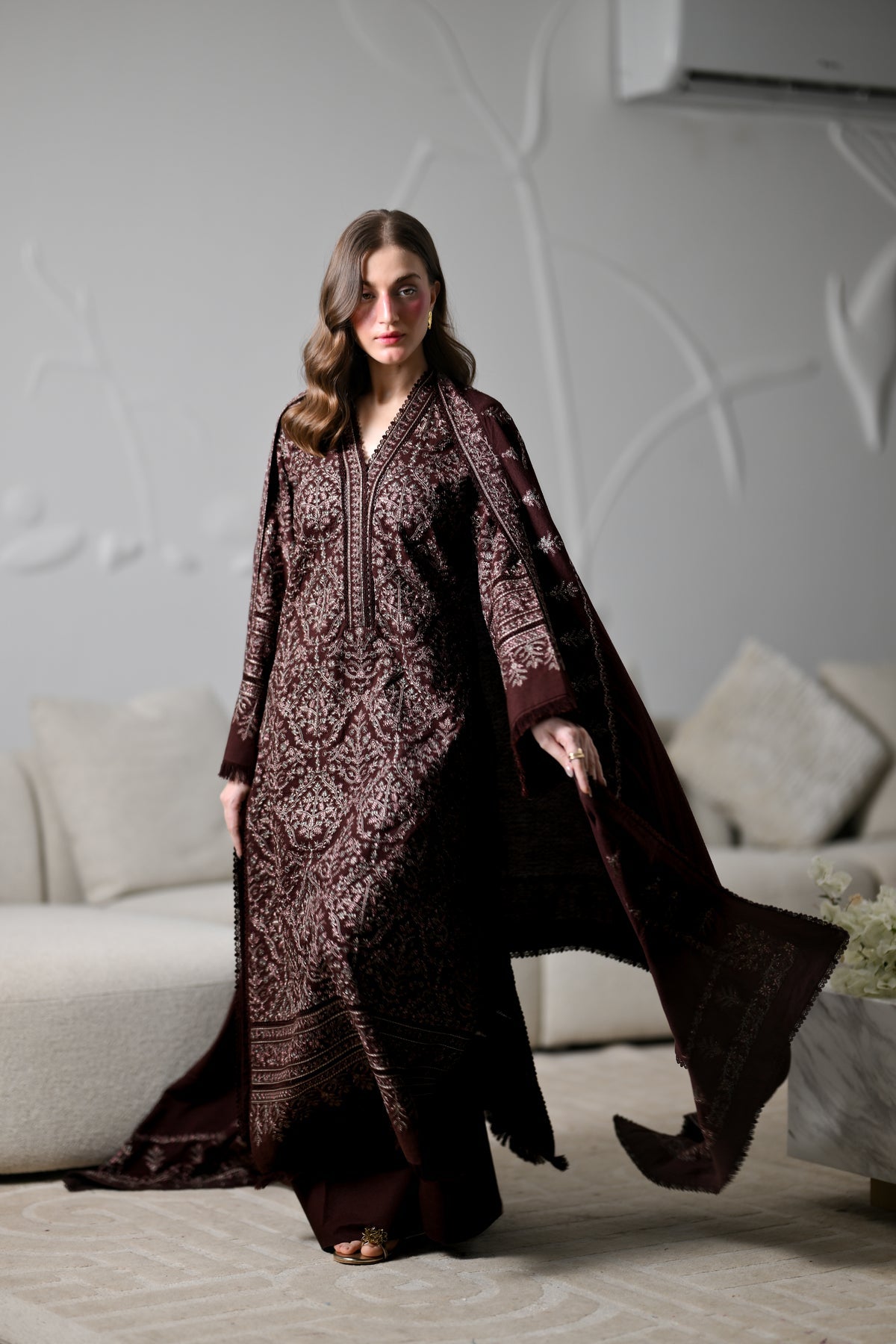 Zaib | CHOCOLATE BROWN LUXURY EMBROIDERED KARANDI 3PCS | Mira I (NEL-26634)