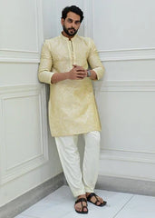 Label M by Mohib Butter Yellow Raw Silk Embroidered Kurta